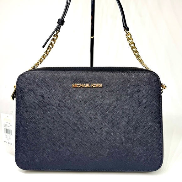 Michael Kors Jet Set Large Signature Logo Crossbody Bag Black/Gold - Picture 2 of 8